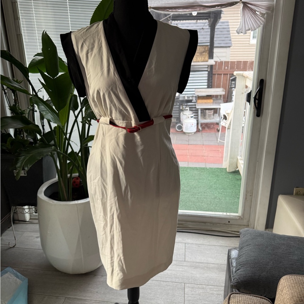 Calvin Klein Cream Wrap-Style Midi Dress with Red Belt
